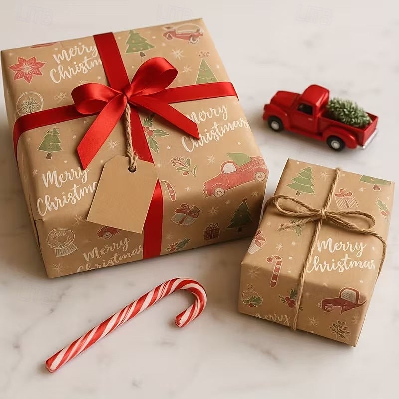 גליל אחד של נייר עטיפה גדול לחג המולד באורך 118 אינץ' - נייר קראפט דו-צדדי בצבע חום בהיר עם פתיתי שלג אדומים/ירוקים/זהובים, פעמוני סוכריות על מקל, איילים וטקסט "חג מולד שמח". 2025 - $11.99 –P2