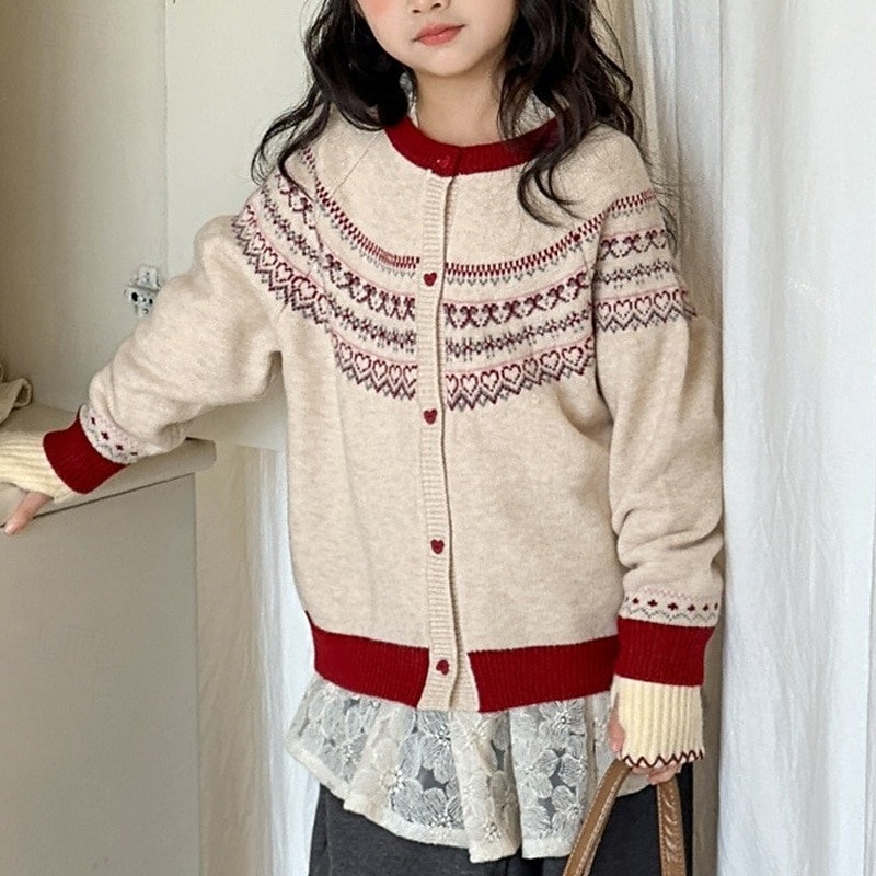 Kids Girls' Cardigan Sweater Heart Outdoor Long Sleeve Button Up Fashion 4-12 Years Fall Beige 2026 - $27.99 –P8
