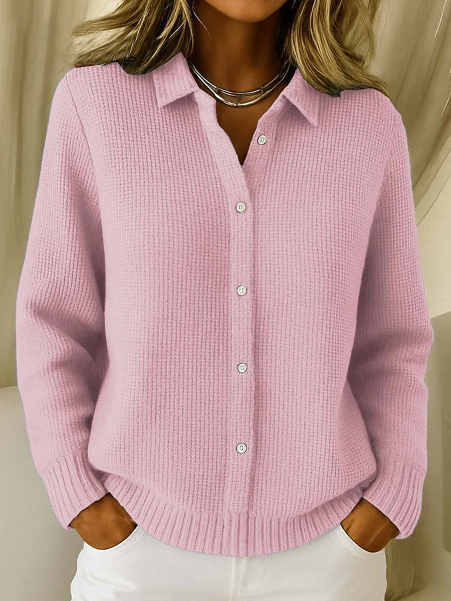 Per donna Felpa Cardigan Elegante Casual Morbido Colore Puro A Coste Collo ripiegato Colletto a Camicia Lavorato a maglia Manica Lunga Top Regolari Maglia Quotidiano All'aperto Weekend Blu Rosa del 2026 a $33.99 –P2