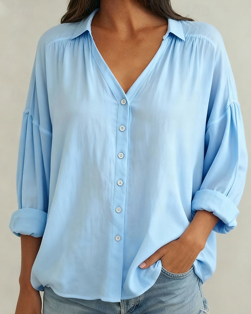 Damen Hemd Bluse Einfach Elegant Stilvoll Langarm V Ausschnitt Normale Oberteile Täglich Ferien Ausgehen Gerafft Knöpfe Weiß Hellgrün Rosa Himmelblau Sommer Frühling Herbst Winter 2025 - $23.99 –P4
