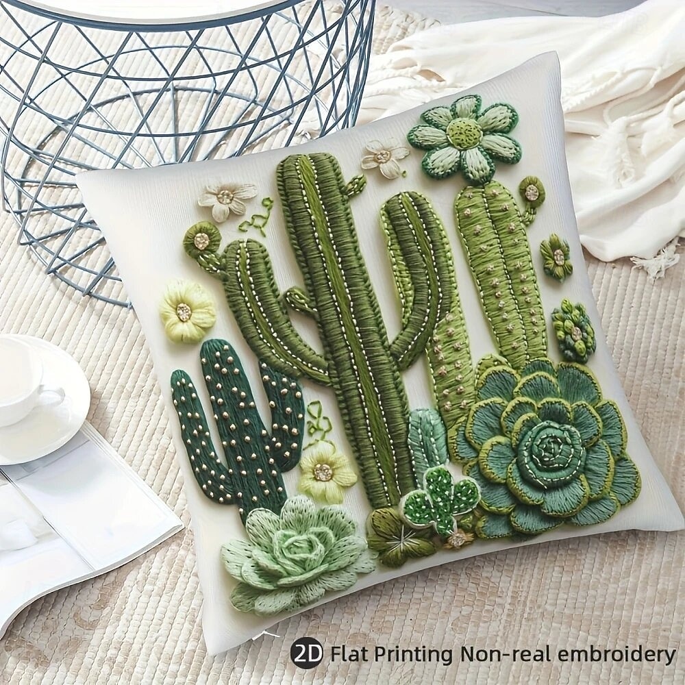 Vintage Style Pillow Cover with 2D Flat Print Cactus and Potted Plant Design Single-Sided 18 Inch Cushion Case Decorative Throw Pillow for Sofa Home Decor 2026 - $9.99 –P2