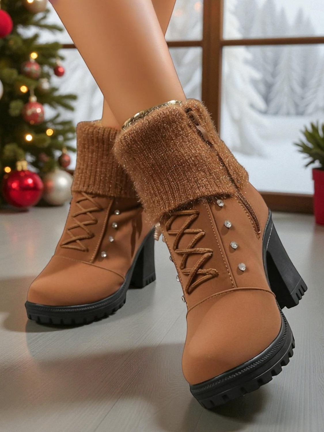 Botas femininas marrons de cano curto com salto alto – botas de inverno de couro sintético com cadarço, punhos de tricô e detalhes em pérola, perfeitas para o Natal e looks do dia a dia. de 2026 por $34.99 –P3