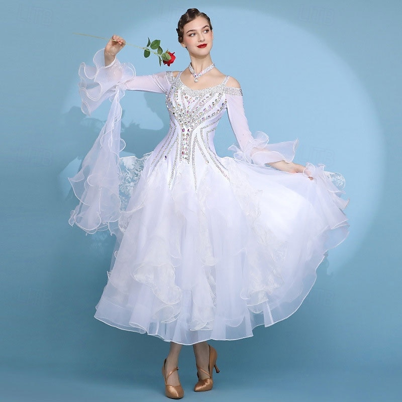 Ballroom Dance Dress Pleats Splicing Crystals / Rhinestones Women's Performance Training Long Sleeve High Spandex Mesh 2026 - $895.79 –P1