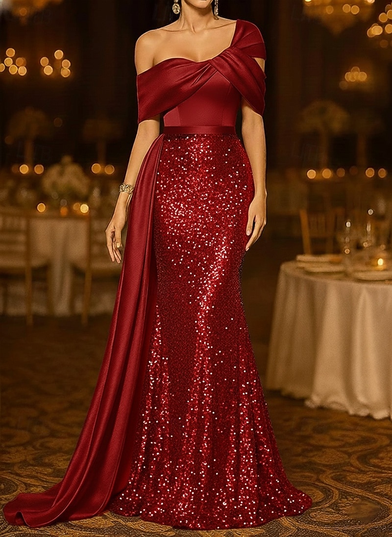 Mermaid Trumpet Sweep Brush Train Evening Gown Ball Gown with Overskirt Formal Dress Elegant Glittering Sparkle Sleeveless Off Shoulder Wedding Formal Satin Sequined with Glitter Pleats 2026 - $183.99 –P1