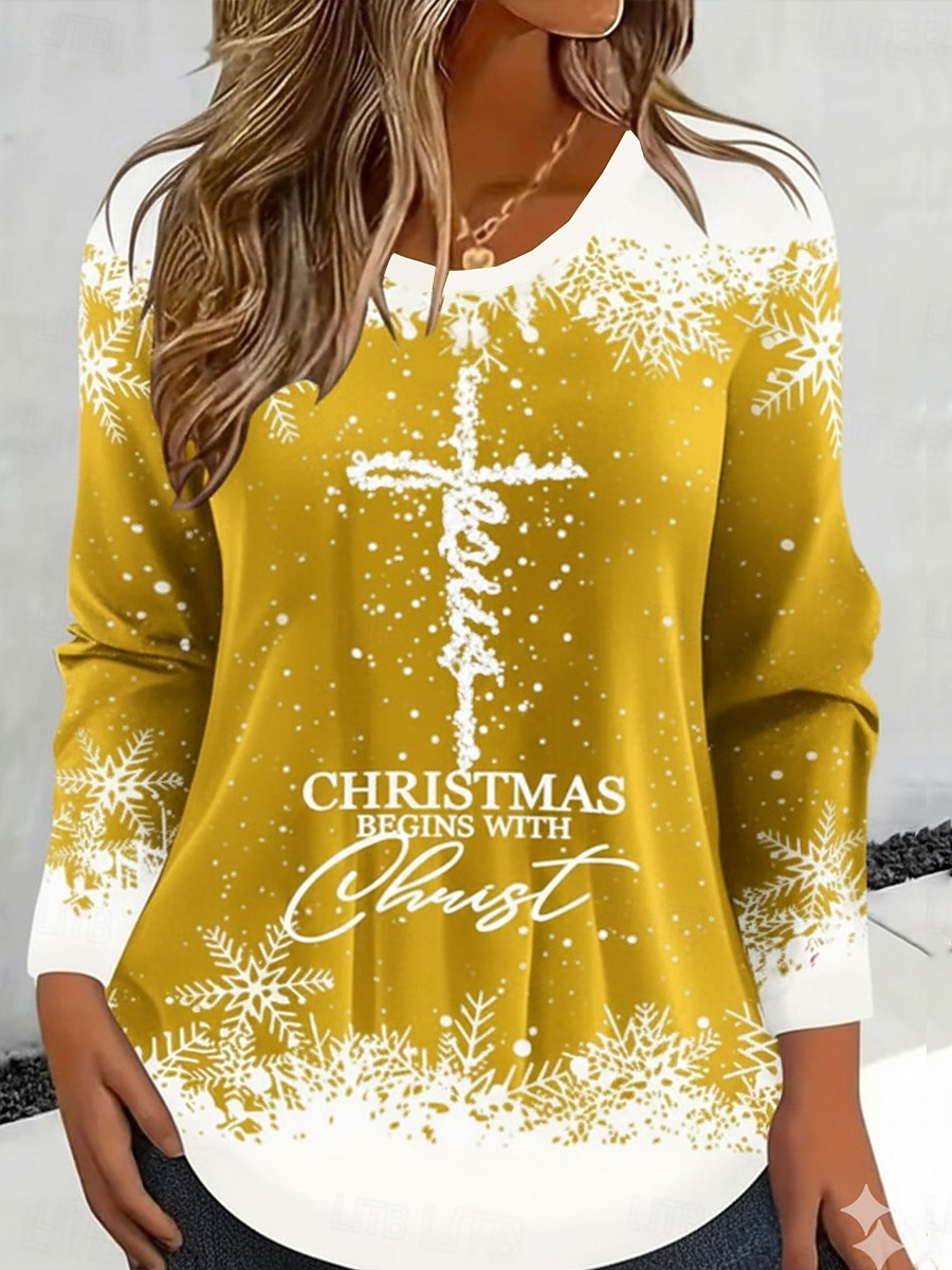 Χριστουγεννιάτικα γυναικεία T-shirt γραφικά vintage μόδας στυλάτο μακρύ μανίκι crew neck στρογγυλή στολή κανονικά μπλουζάκια καθημερινής εκτύπωσης Σαββατοκύριακου μαύρο χρυσό καλοκαίρι άνοιξη 2026 - $6.49 –P8
