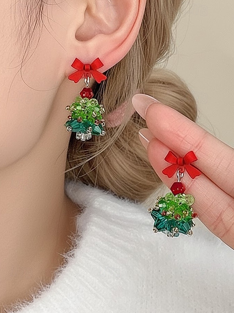 Bijuterii acrilice de Crăciun pentru femei – colier și cercei cu brad festiv și funde roșii, perfecți pentru petreceri și sărbători 2026 - $9.99 –P2