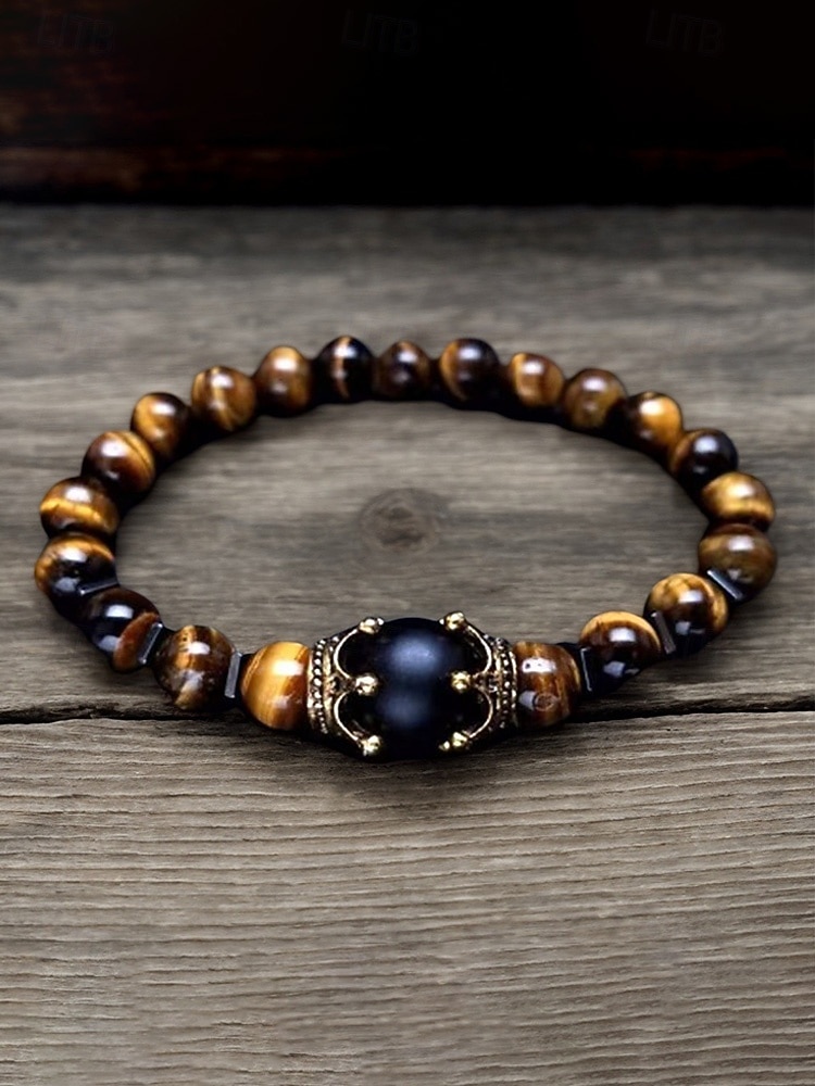 Bracciale da uomo in pietra naturale – design regolabile con perline e dettaglio a corona, disponibile in più colori, perfetto per l'abbigliamento casual e per le occasioni speciali del 2026 a $7.99 –P5