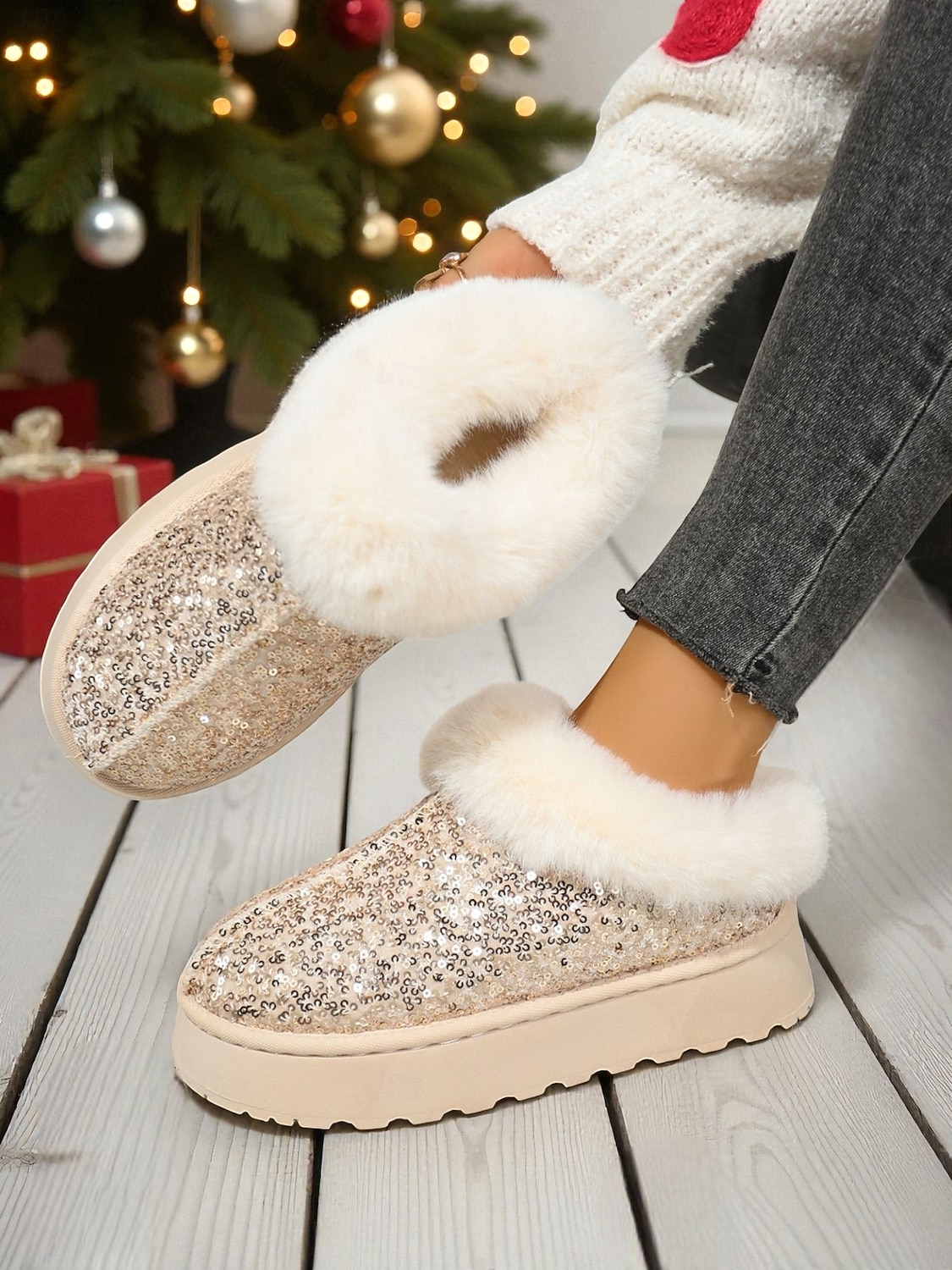 stivali da neve da donna con paillettes rosa e colletto in pelliccia sintetica: stivaletti invernali scintillanti alla moda per un comfort casual del 2026 a $29.99 –P3