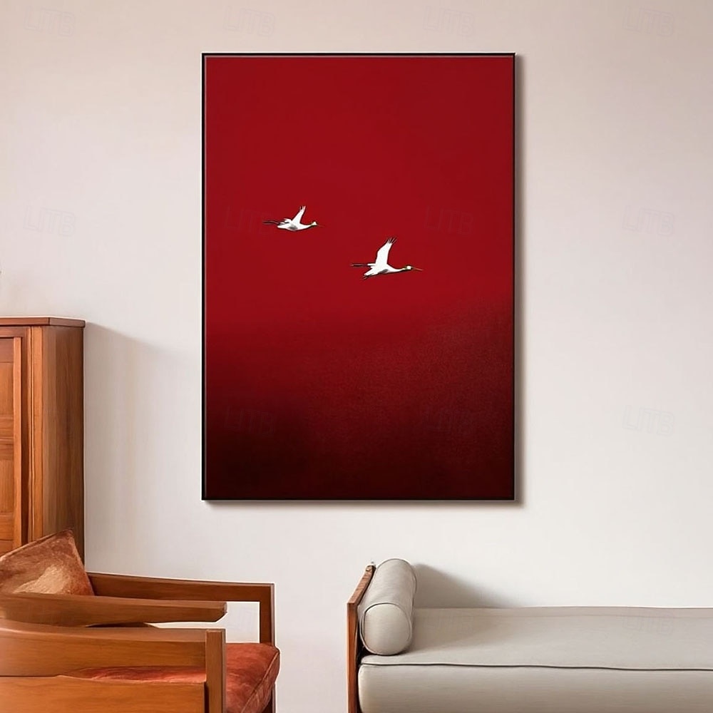 handgjord surrealistisk karmosinröd himmelmålning handmålad väggkonstposter minimalistisk väggkonstmålning duk karmosinröd väggkonst röd stilmålning flygande vita fåglar väggkonst premiumposter 2026 - $139.99 –P1