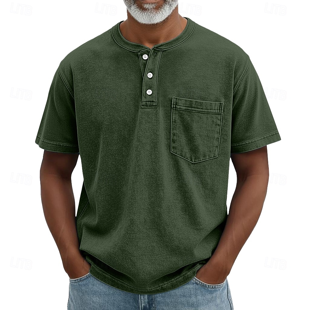 SoftFade™ Heren Henley Shirt 100% Katoen Acid Wash Shirt T shirt Tee Korte Mouw Retro Vintage Casual Button Up Zak Garment Dyed Zomer Lente Herfst Donkerbruin Zwart Roze Henley T-Shirt 2026 - $31.99 –P11