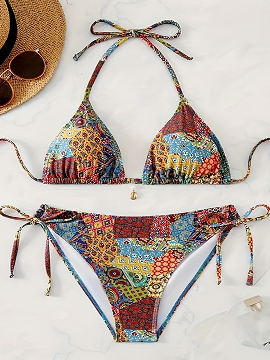 Costum de baie pentru femei bikini 2 piese boho legat pe lateral subțire fără spate vacanță îmbrăcăminte de plajă bloc de culoare floral decolteu halter fără mâneci costume de baie 2026 - $8.49 –P5