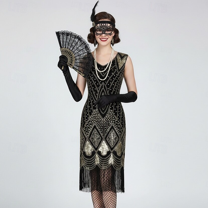 Set Urlați 20 de ani Anii 1920 Lungime Genunchi Rochie Flapper Ținute Rochie de bal cu accesorii Fără mâneci Gatsby Charleston Invitat la nuntă Paiete Franjuri Pană În V Costume de fancy Pentru femei 2026 - $49.99 –P1
