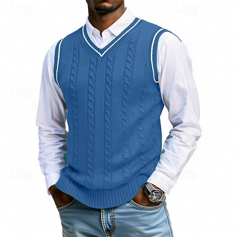 Муж. Свитер жилет Платье-свитер Пуловер Свитер Жилет Вязаный свитер Рельефный узор Вязать Обычные топы Трикотаж Пэчворк V-образный вырез Мода Уличный стиль Отпуск Бизнес Одежда Без рукавов Осень Зима 2026 - ₪103 –P7