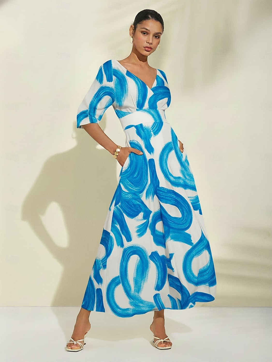 атласное синее платье макси с принтом мазков кисти для повседневного отпуска и путешествий 2026 - $114.99 –P2