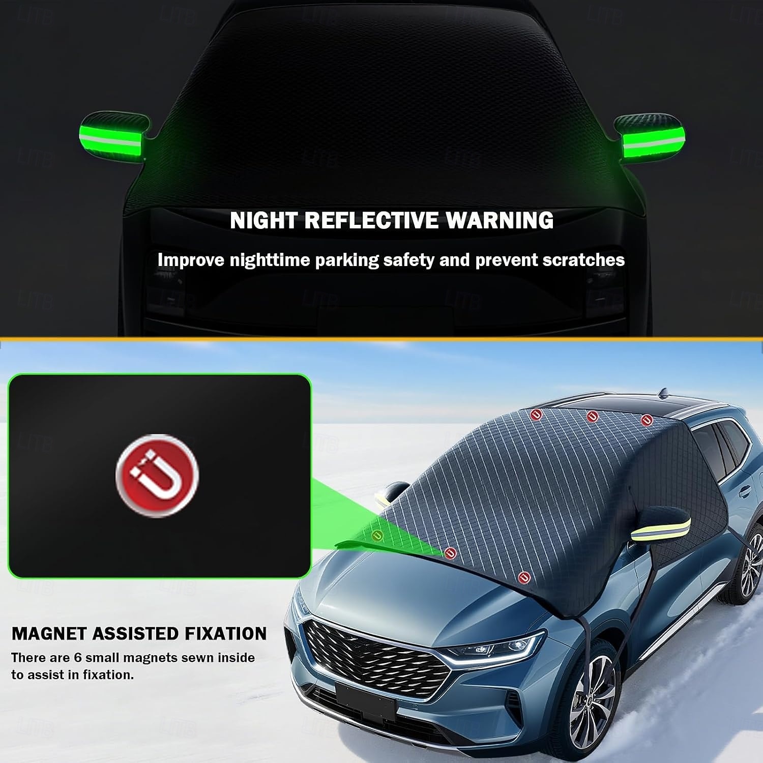 grote auto voorruithoes voor ijs en sneeuw - auto voorruit sneeuwhoezen met zijruit &achteruitkijkspiegelbeschermer, magnetische winterbescherming tegen sneeuw, universeel voor de meeste auto's, 2026 - $16.99 –P2