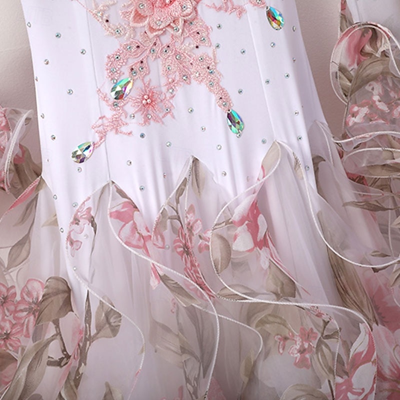 Women's Elegant White Pink Floral Ballroom Dance Dress Rhinestone Applique Off-Shoulder Waltz Tango Modern Rumba Competition Performance Gown 2026 - $371.89 –P6