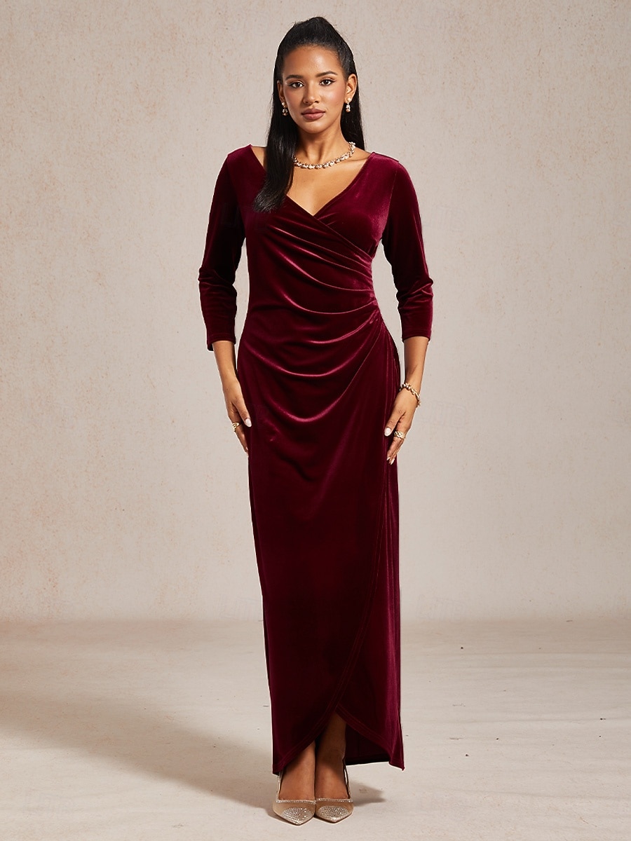 Women's Maxi Dress Wrap Dress Velvet Dress Elegant Wedding Guest Evening Party Cocktail Party Solid Color 3/4 Length Sleeve V Neck Eggplant Winter 2026 - $53.99 –P4
