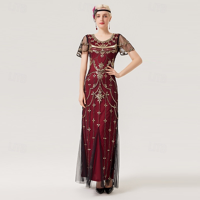 Set Anni Ruggenti Anni 1920 Lunghezza alla caviglia Vestito Abito da sera Abiti con accessori Maniche corte Il grande Gatsby Charleston Invitato al matrimonio Piuma Scollo a V Costume Per donna del 2026 a $85.99 –P9