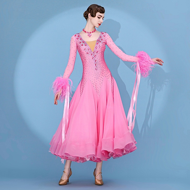 Balli da Sala Vestito Pieghe Giunzione Cristalli / Strass Per donna Performance Allenamento Manica Lunga Alto Spandex Chiffon Rete del 2026 a $950.09 –P1