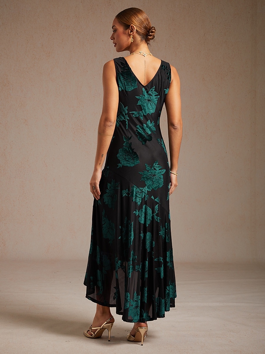 Γυναικεία Μακρύ φόρεμα Φόρεμα σε ευθεία γραμμή Κομψό Επισκέπτης γάμου Ημερομηνία Ασυμμετρικό Φλοράλ Αμάνικο Στρογγυλή Ψηλή Λαιμόκοψη Πράσινο του τριφυλλιού 2026 - $32.49 –P2