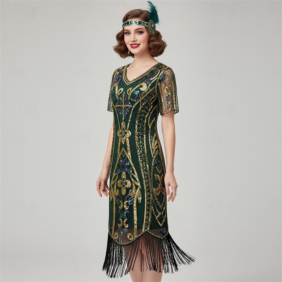 Loucos anos 20 Anos 20 Até os Joelhos Comprimento Curto Vestido melindroso Ilusão Mangas curtas O Grande Gatsby Convidado do casamento Paetês Lantejoula Decote V Fantasia Mulheres Carnaval Baile de de 2026 por $43.99 –P9