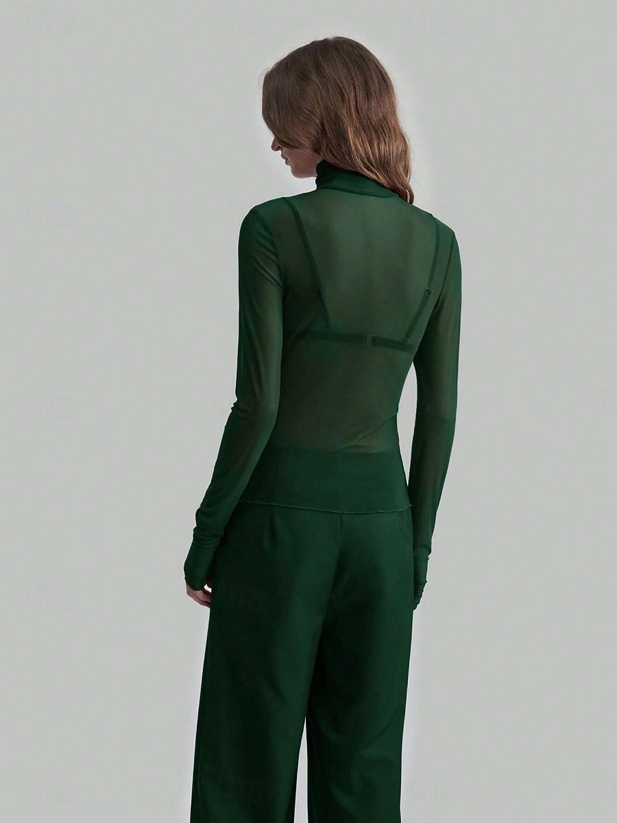 Dames Blouse Lapwerk Netstof Effen Kleur Elegant Stijlvol Basic Lange mouw Coltrui Normale tops Dagelijks Grijs-Groen Zwart Wijn Marineblauw Bruin Zomer Lente Herfst 2026 - $21.99 –P10
