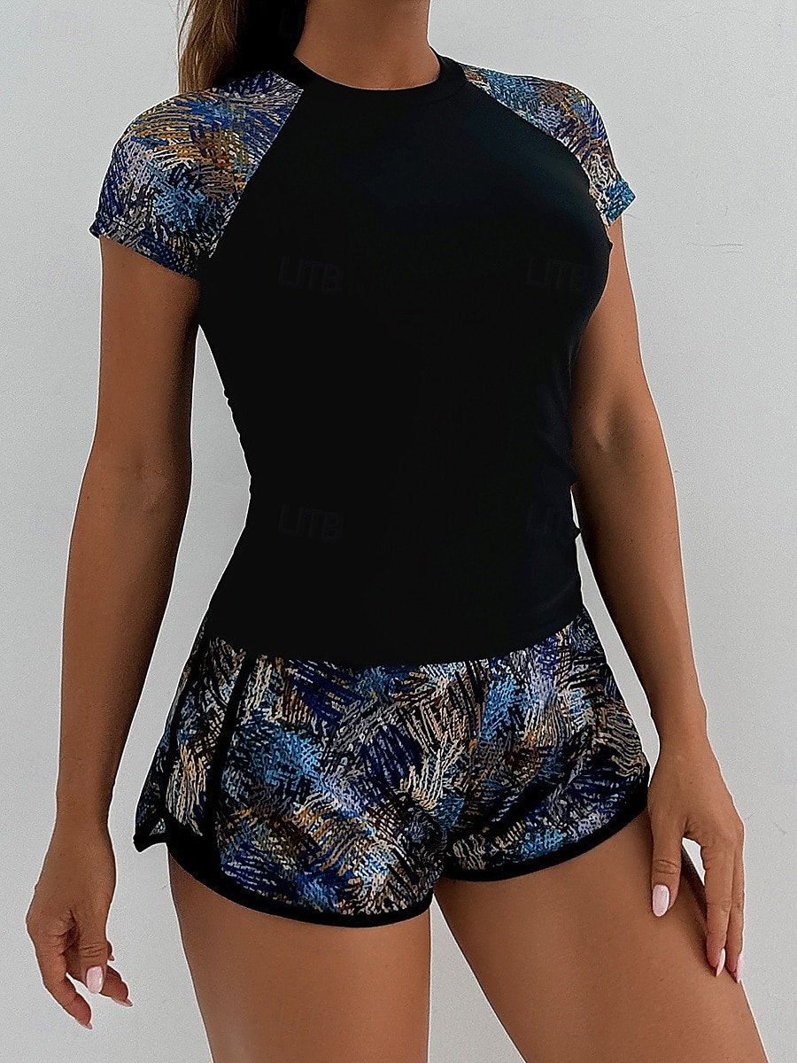 Costume da bagno tankini da donna 2 pezzi pantaloni corti palmo controllo pancia vita alta slinguato senza schiena vacanza in spiaggia scollatura rotonda floreale con maniche corte del 2026 a $36.99 –P13