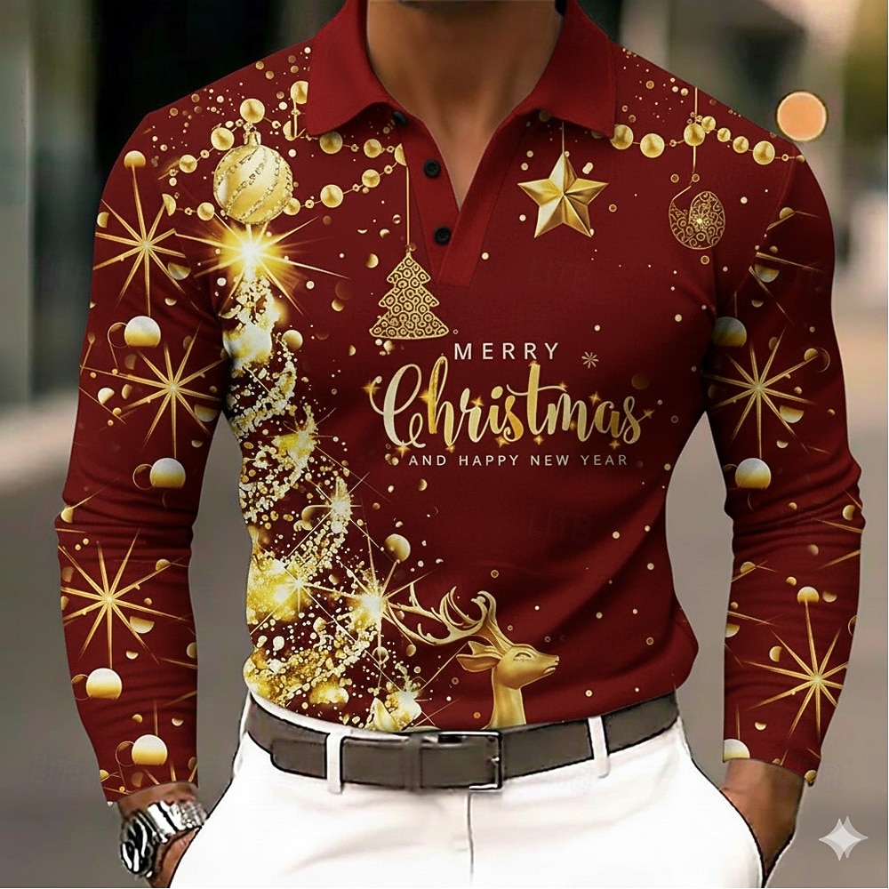Kerstmis Voor heren Eland Kerstboom Polo Lange mouw Poloshirt Revers Casual Buiten Feestdagen Alledaagse kleding Festivaloutfit 3D-afdrukken Knop Lente Herfst Winter Zwart Rood Groen 2026 - $23.99 –P2