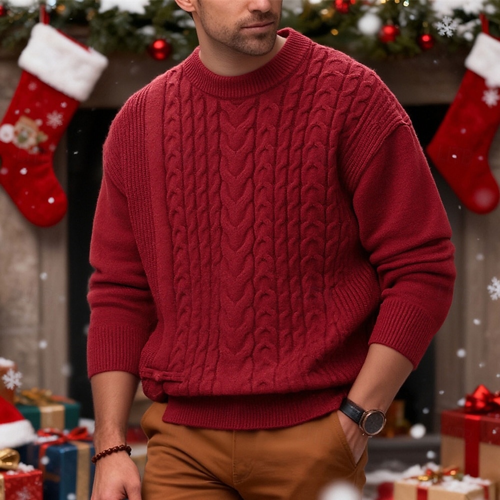 Herren Weihnachtspullover Pullover Pullover mit Zopfmuster Strickpullover Gerippt Stricken Normale Oberteile Gestrickt Einfach Rundhalsausschnitt Vintage Mode Weihnachten Urlaub Bekleidung Herbst 2026 - $47.99 –P1