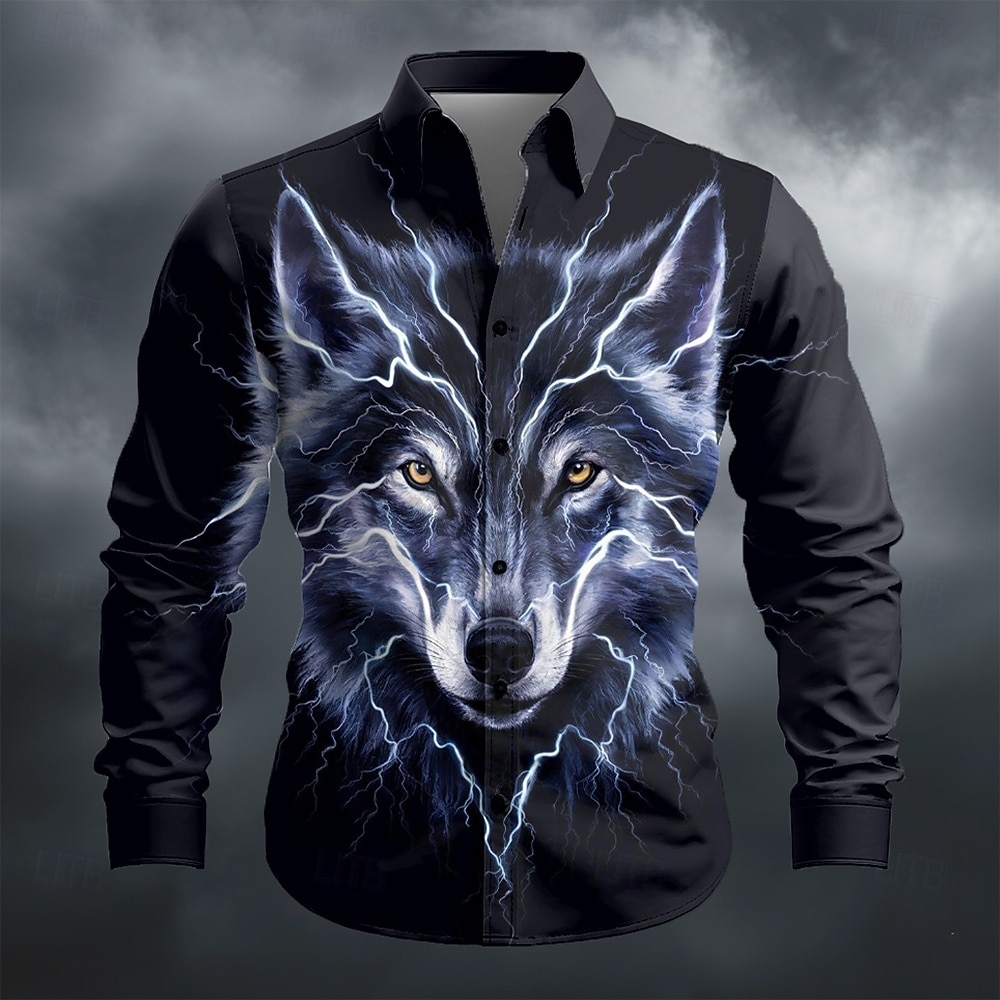 Hombre Animal Lobo Focos Camisa Abotonar la camisa Manga Larga Moda informal Exterior Uso Diario Primavera Otoño Cuello Vuelto Impresión 3D camisas con cuello Negro / Verde Negro / purpúreo 2026 - $27.99 –P1