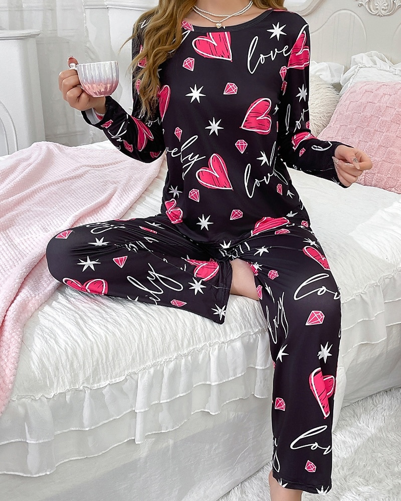 Damen Schlafanzug Freizeitkleidung Schlafanzug Set Lässig Herz Satin-Seidenpyjamas Elastischer Bund Hose Täglich Heim Urlaub Langarm Rundhalsausschnitt Fuchsie Herbst Winter Lässiger Schnitt 2026 - $27.99 –P3
