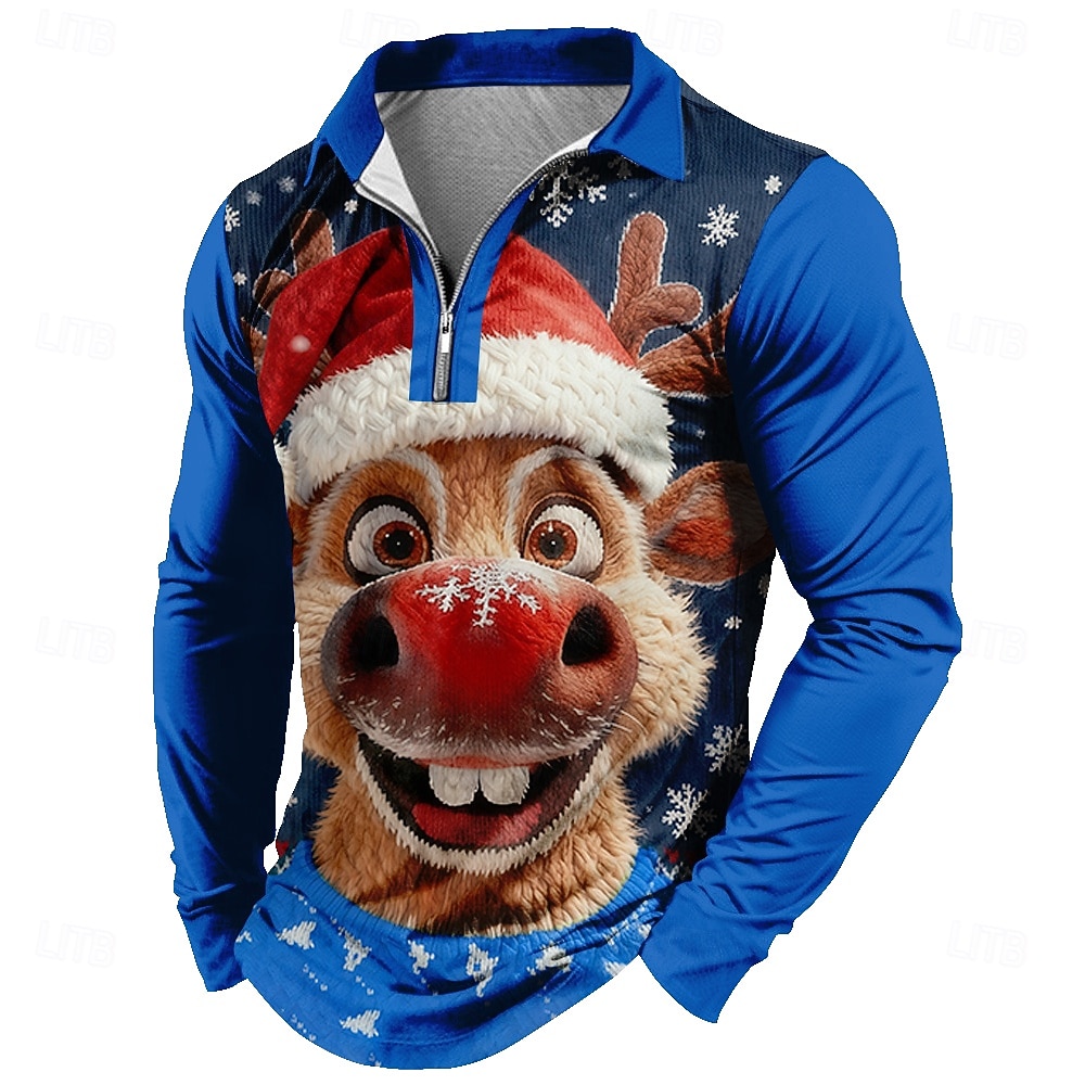 Christmas Miesten Hirvi 3D sarjakuva Polo Pitkähihainen Poolopaidat Kauluskäänne Vapaa-aika Arki-asut Festivaalin asu 3D-tulostus Quarter Zip Polo Kevät Syksy Talvi Sininen Musta Rubiini 2026 - $23.99 –P2