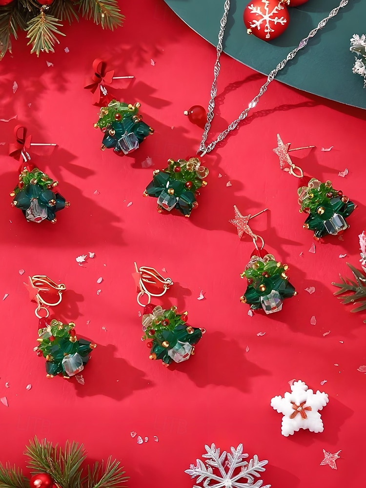 Bijuterii acrilice de Crăciun pentru femei – colier și cercei cu brad festiv și funde roșii, perfecți pentru petreceri și sărbători 2026 - $9.99 –P13