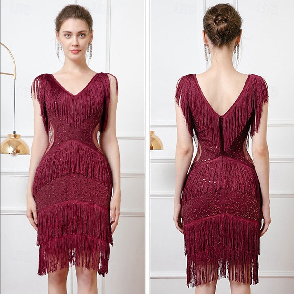 Roaring 20s 1920s Knee Length Flapper Dress Sleeveless The Great Gatsby Flapper Girl Sequins Fringe V Neck Fancy Dress Women's Christmas Carnival speakeasy Masquerade Retro Theme Party Adults Dress 2026 - $47.99 –P6