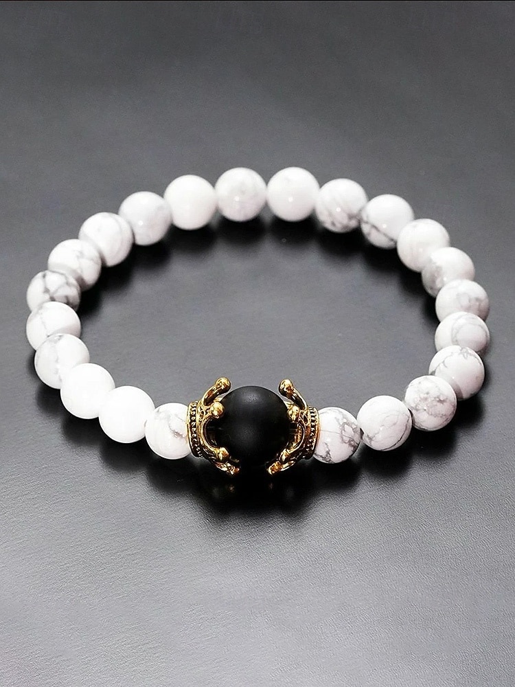 Bracciale da uomo in pietra naturale – design regolabile con perline e dettaglio a corona, disponibile in più colori, perfetto per l'abbigliamento casual e per le occasioni speciali del 2026 a $7.99 –P7