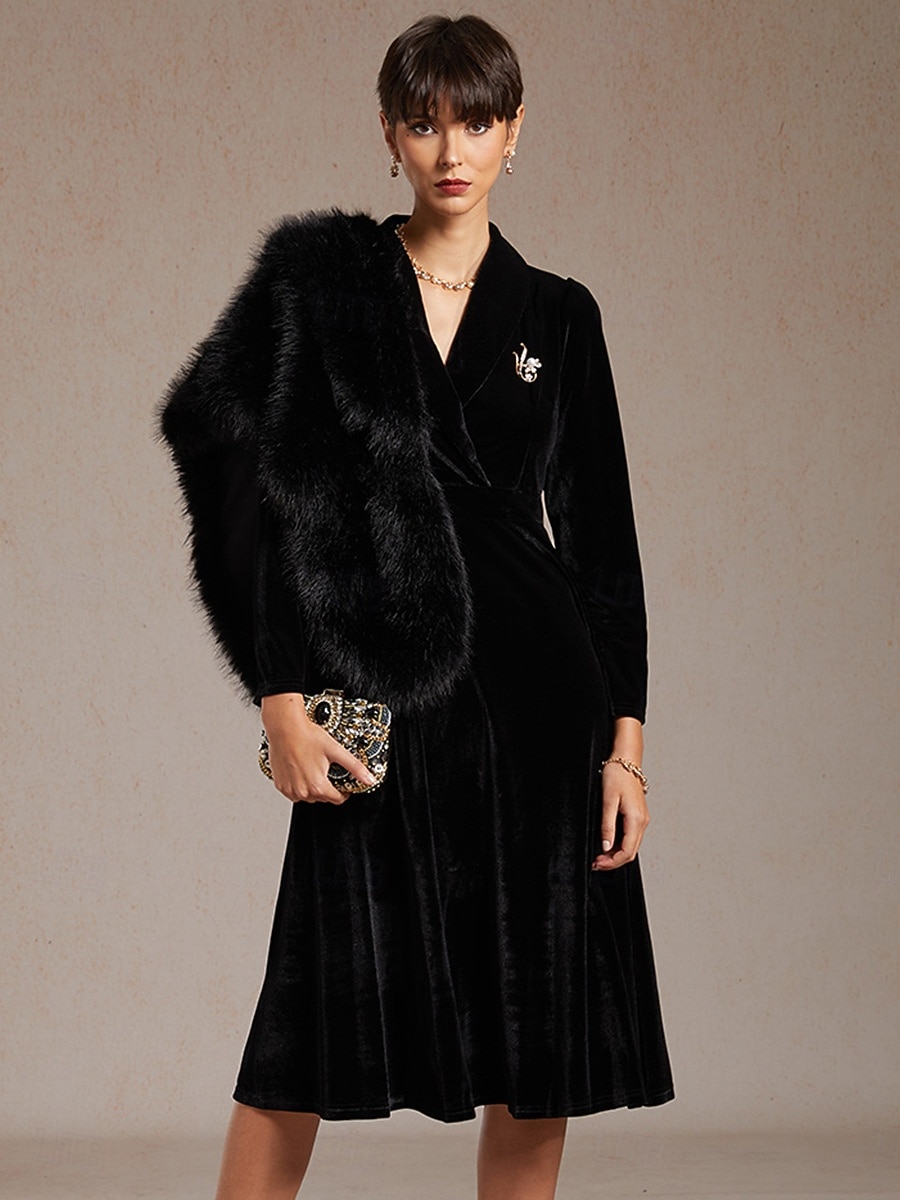 Femmes Robe Midi Robe trapèze Élégant Soirée Coupe régulière Couleur Unie manche longue Col en V Noir Printemps Automne Hiver de 2025 ? $129.99 –P3