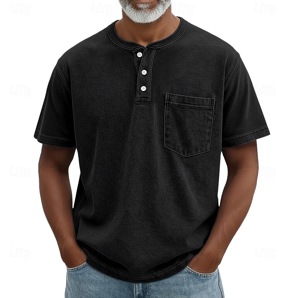 SoftFade™ Heren Henley Shirt 100% Katoen Acid Wash Shirt T shirt Tee Korte Mouw Retro Vintage Casual Button Up Zak Garment Dyed Zomer Lente Herfst Donkerbruin Zwart Roze Henley T-Shirt 2026 - $31.99 –P10
