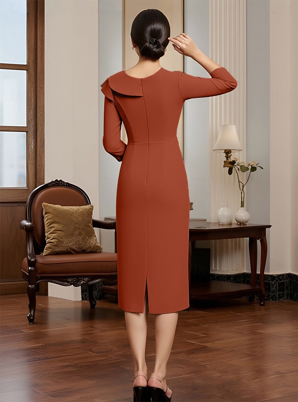 Sheath Column Tea Length Party Dress Cocktail Dress Wedding Guest Dress Mother of the Bride Dress Long Sleeve Square Neck Elegant Minimalist Formal Wedding Guest Stretch Fabric with Ruched Beading 2026 - $160.99 –P2