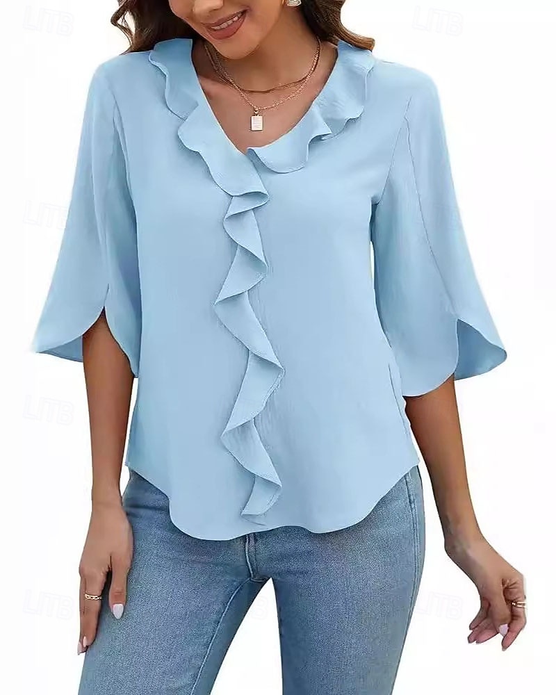 Women's Blouse Ruffle Plain Elegant Stylish Long Sleeve V Neck Regular Tops Holiday Going out Black Pink Navy Blue Sky Blue Summer Spring Fall 2026 - $16.49 –P2
