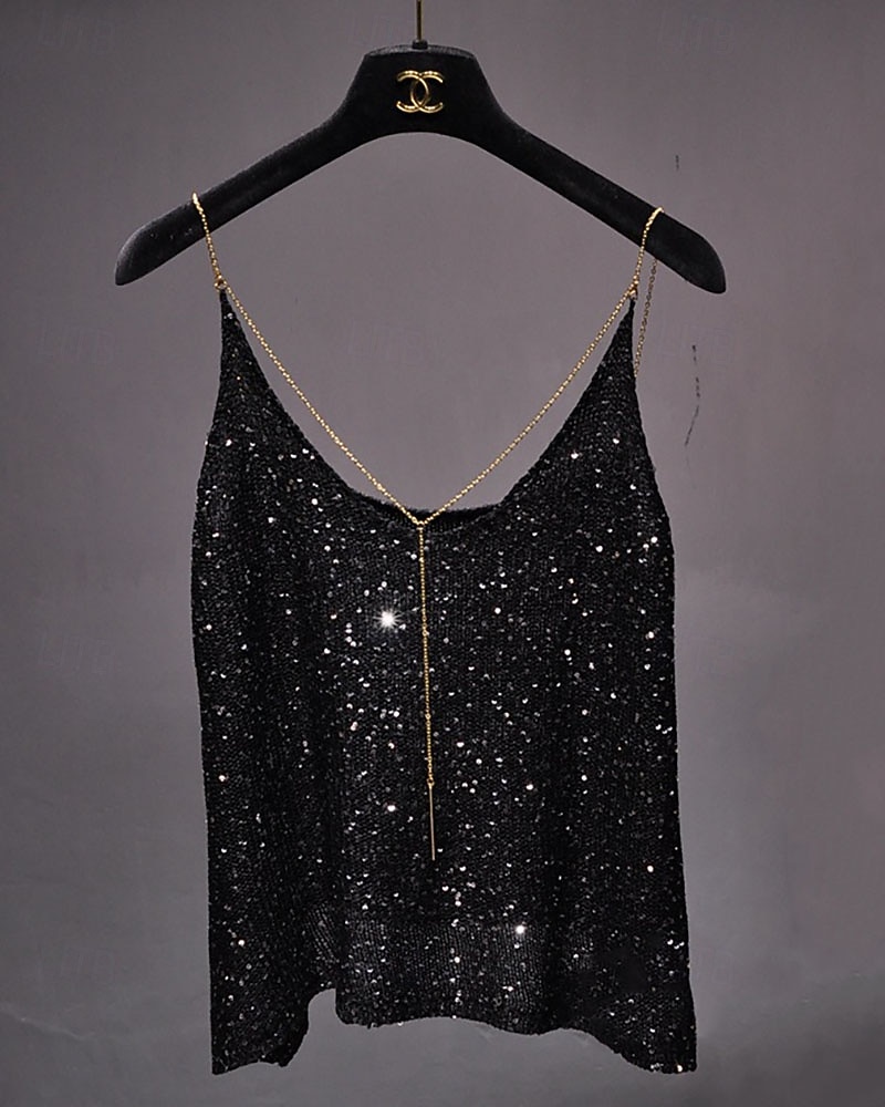 Pentru femei Bluză Topuri cu paiete Camisole Tank Top Paiete Strălucire Fără Spate Simplu Elegant Metalic Stilat Fără manșon În V Topuri obișnuite Concediu Ieșire Negru Kaki Vară Primăvară Toamnă 2026 - $51.99 –P1