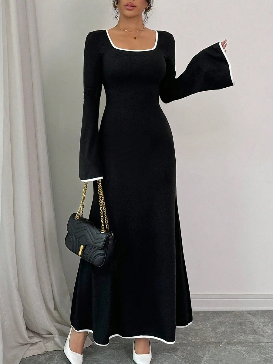 Per donna Abito maxi Tubino Casual Quotidiano Vestibilità regolare Semplice Manica Lunga Collo a U Nero Primavera Autunno Inverno del 2025 a $15.49 –P4