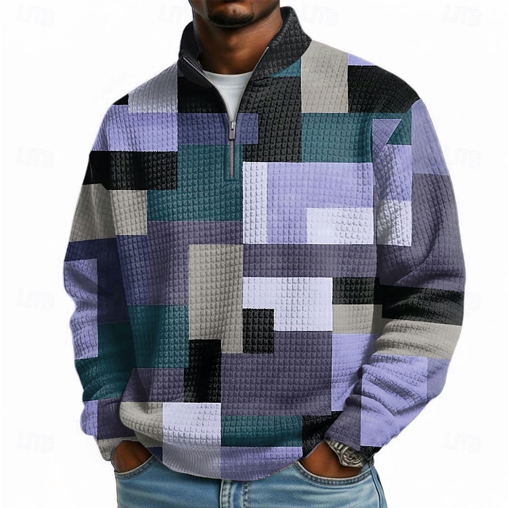 Per uomo Geometrico Plaid Nido d'ape Felpa Moda Quotidiano Classico Casual Collo alla coreana Zip a un quarto All'aperto Casa Ufficio Lavoro Blu Viola Verde Cachi Con zip Autunno Inverno progettista del 2026 a $28.99 –P2
