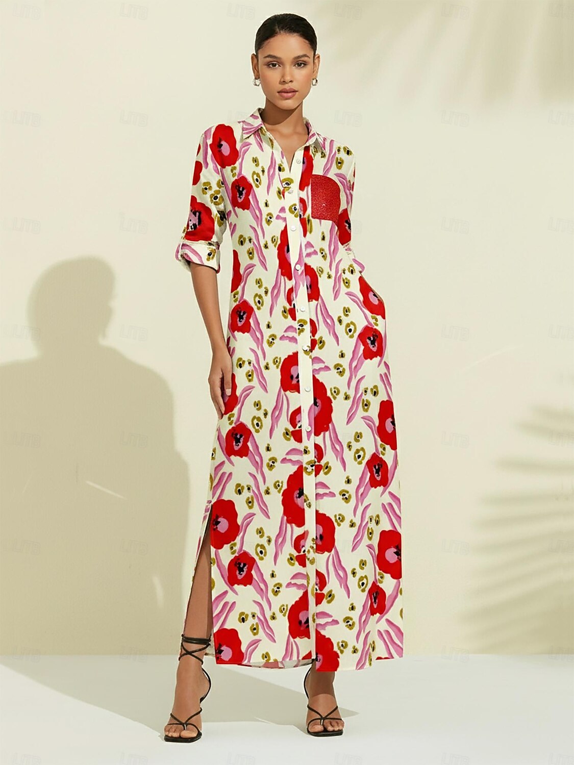 Abstract Floral Print Long Shirt Maxi Dress Vacation Casual 2026 - $113.99 –P1