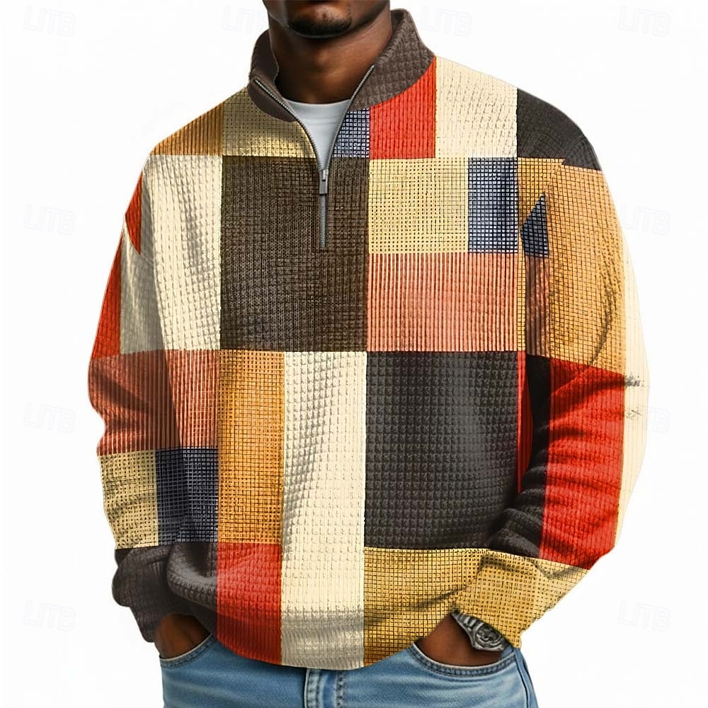 Men's Geometric Plaid Waffle Sweatshirt Fashion Daily Classic Casual Stand Collar Quarter Zip Outdoor Home Office Work Blue Orange Green Gray Zip Up Fall Winter Designer S M L XL XXL XXXL 2026 - $28.99 –P1