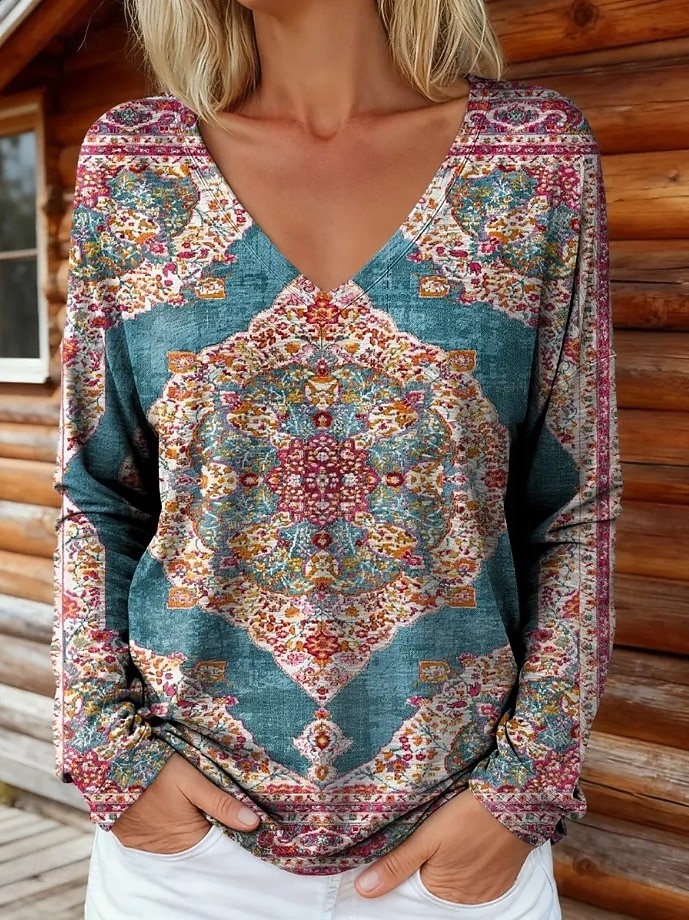 Dame Boho T-skjorte Grafikk Planter Tribal Vintage Stilfull Klassisk Langermet V-hals Vanlige Topper Daglig Trykk Blå Lys Grønn Vin Marineblå Fuchsia Vår Høst Vinter 2026 - $24.99 –P1