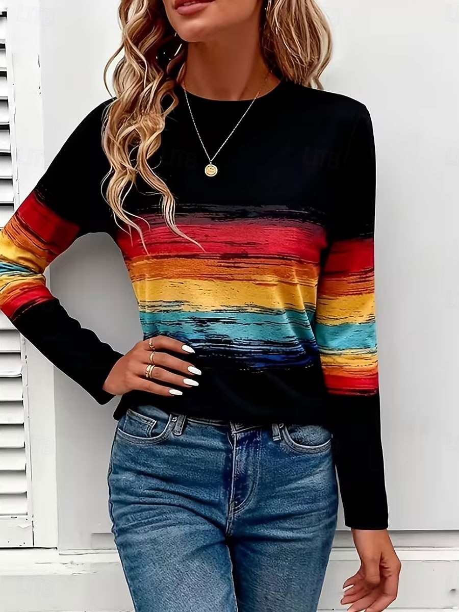 Dames T-shirt Afdrukken Grafisch Gestreept Vintage Stijlvol Klassiek Lange mouw Strakke ronde hals Normale tops Dagelijks Weekend Zwart Lente Herfst Winter 2026 - $24.99 –P2