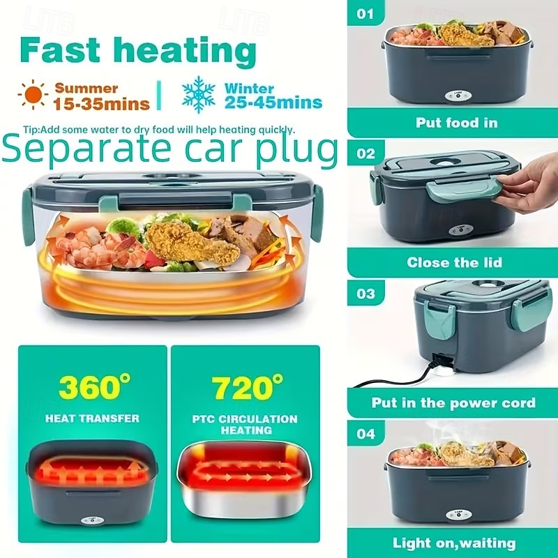 sähköinen lounasrasialämmitin, 3 yhdessä erittäin nopeasti lämmitettävät lounasrasiat, kannettava kaksilokeroinen auto- ja kotikäyttöön, 110v-240v/12v/24v virtalähde, lämmityseristys, 2026 - $42.99 –P13