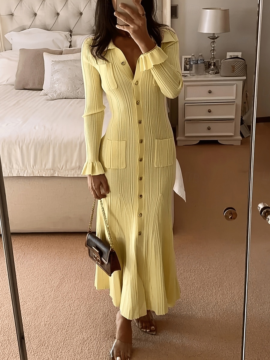 Per donna Abito maxi Tubino Casual Quotidiano Vestibilità regolare Semplice Manica Lunga Collo a V Nero Bianco Giallo Primavera Autunno Inverno del 2026 a $72.99 –P1