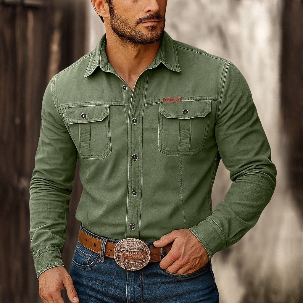 Муж. Западная рубашка Рубашка-карго Ковбойская рубашка Хаки Военно-зеленный Длинный рукав Сплошной цвет Полотняное плетение Отложной Для занятий спортом Повседневные Карман Одежда 2026 - $26.99 –P7