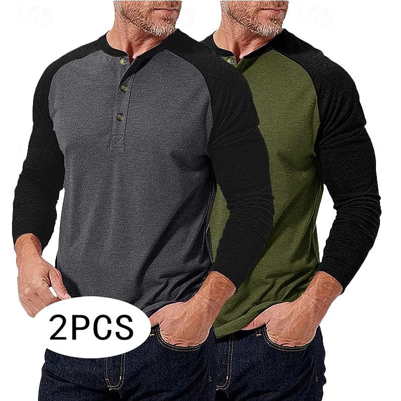 2-teiliges Henley-Shirt für Herren, Baseball-T-Shirt, Kurzarm, Farbblock-Design, Basic, Boho-Stil, Raglanärmel, für Outdoor, Freizeit, Alltag, Sommer, Herbst, alle Jahreszeiten, schwarzes 2026 - $40.99 –P1